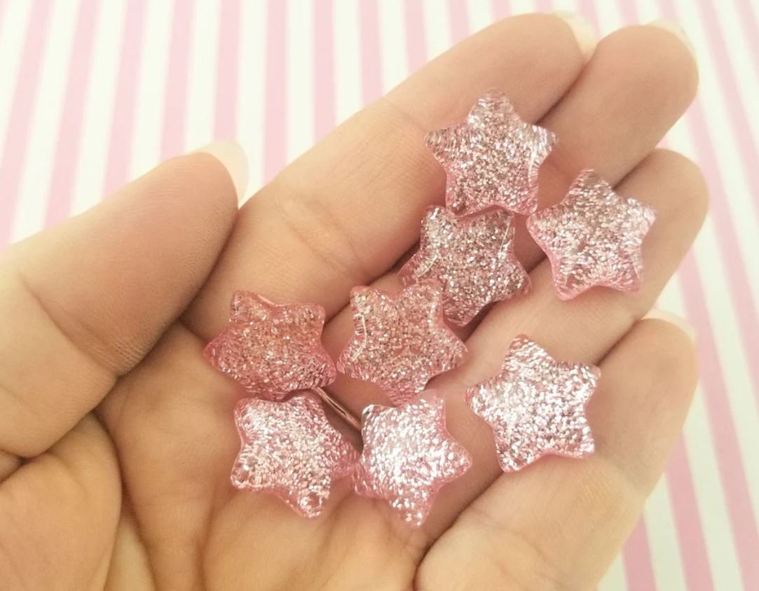 Pink Glitter Resin Star Cabochons, Cute Bling Cabs jocad (8 Pieces)