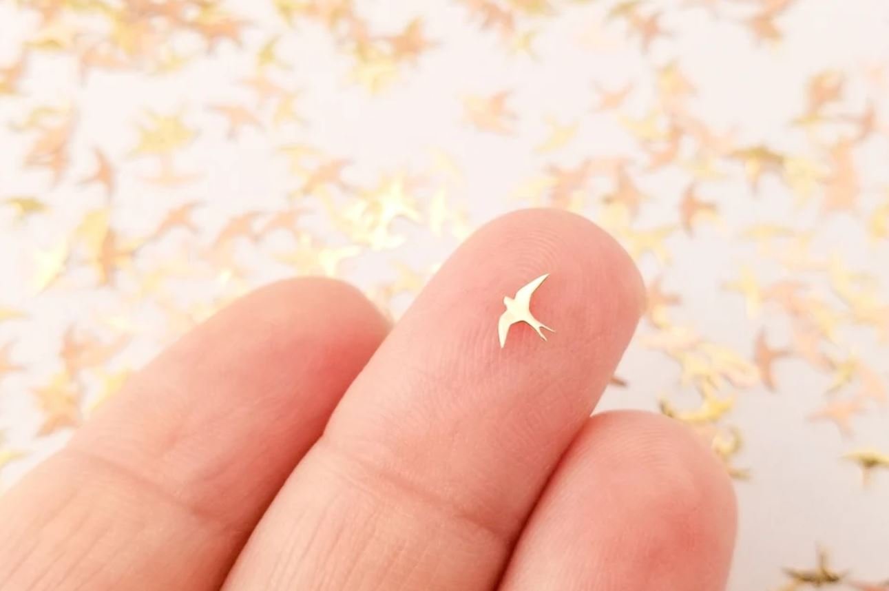 Tiny 7mm Gold Toned Metal Bird Cabochons, Sparrow or Lark Cute Kawaii Nail Cabs jocad (50 Pieces)