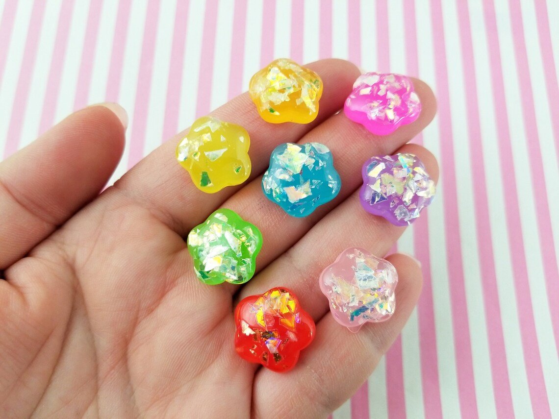 Assorted Color Iridescent Foil Resin Flower Cabochons, Cute Bling Cabs jocad (8  Pieces)
