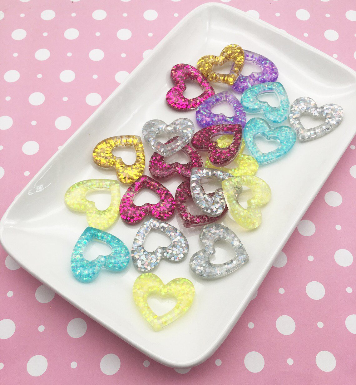 Limited Color Open Glitter Heart Cabochons, Cute Multicolor Glittery Cabs jocad (6 Pieces)