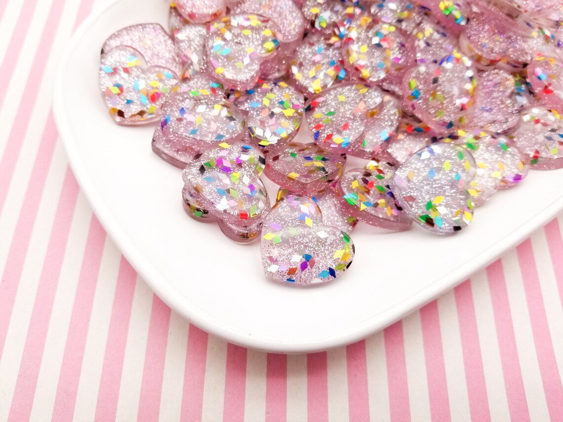 Pink Glitter Resin Heart Cabochons, Heart Cabochons, Cute Bling Cabs jocad (6 Pieces)