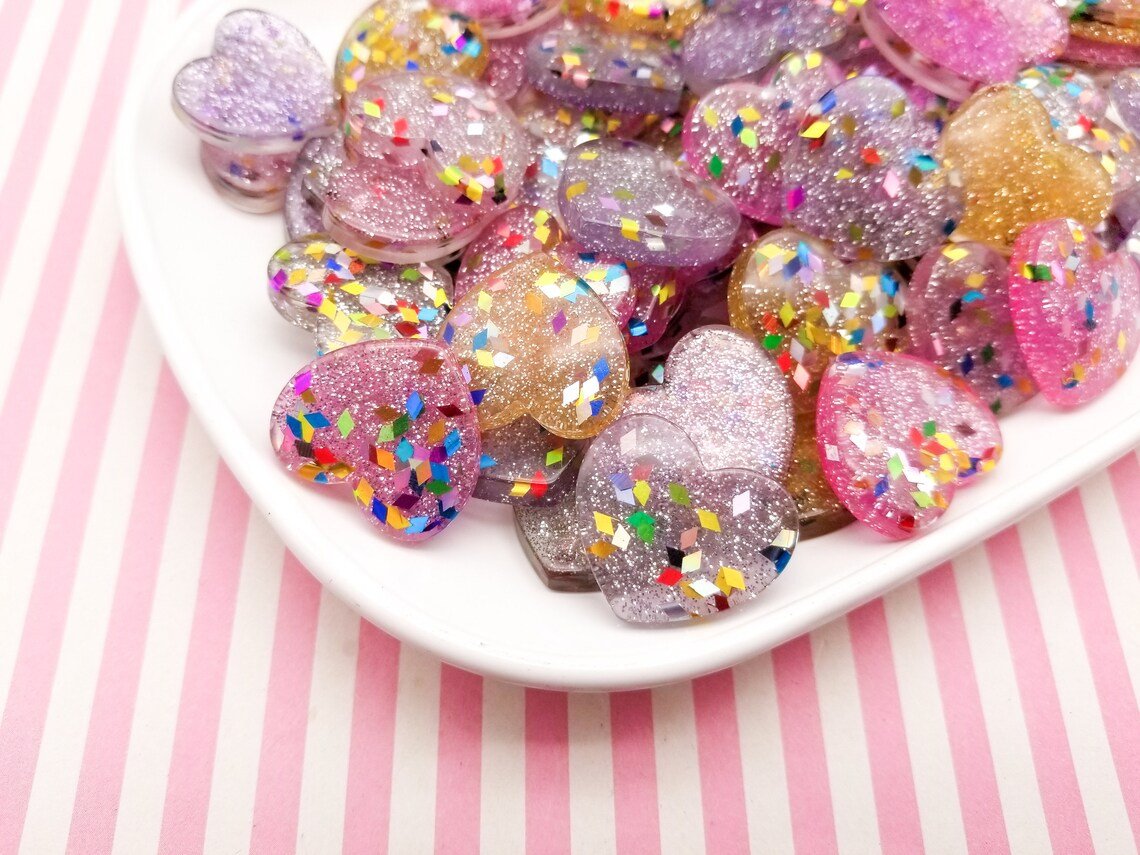 Assorted Color Glitter Resin Heart Cabochons, Cute Bling Cabs jocad (6 Pieces)