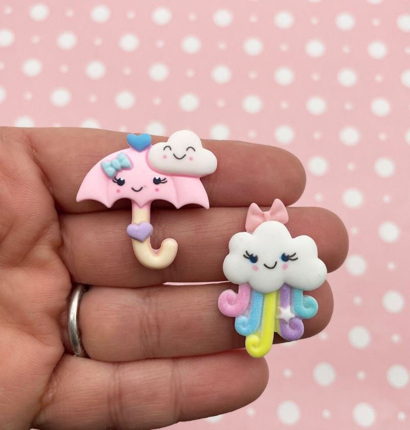 Pastel Rainbow Cloud and Umbrella Cabochons, April Showers, Flat-backed Cabs jocad (4 Pieces)