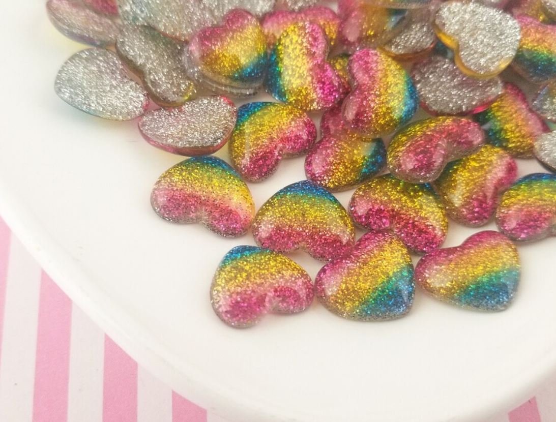 Rainbow Glitter Resin Heart Cabochons, Rain bow Heart Cabachons, Cute Bling Cabs jocad (8 Pieces)