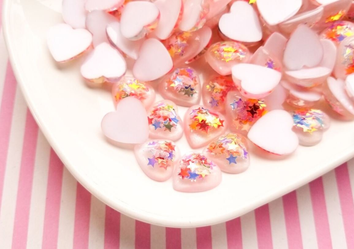 16mm White Heart Cabochons with Star Glitter, Valentines Day Resin Heart Cabochons jocad (10 Pieces)