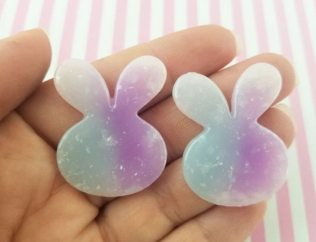 Multicolor Cellophane Glitter Resin Bunny Cabochons, Rabbit Cabs, Cute Bling Cabs jocad (5 Pieces)