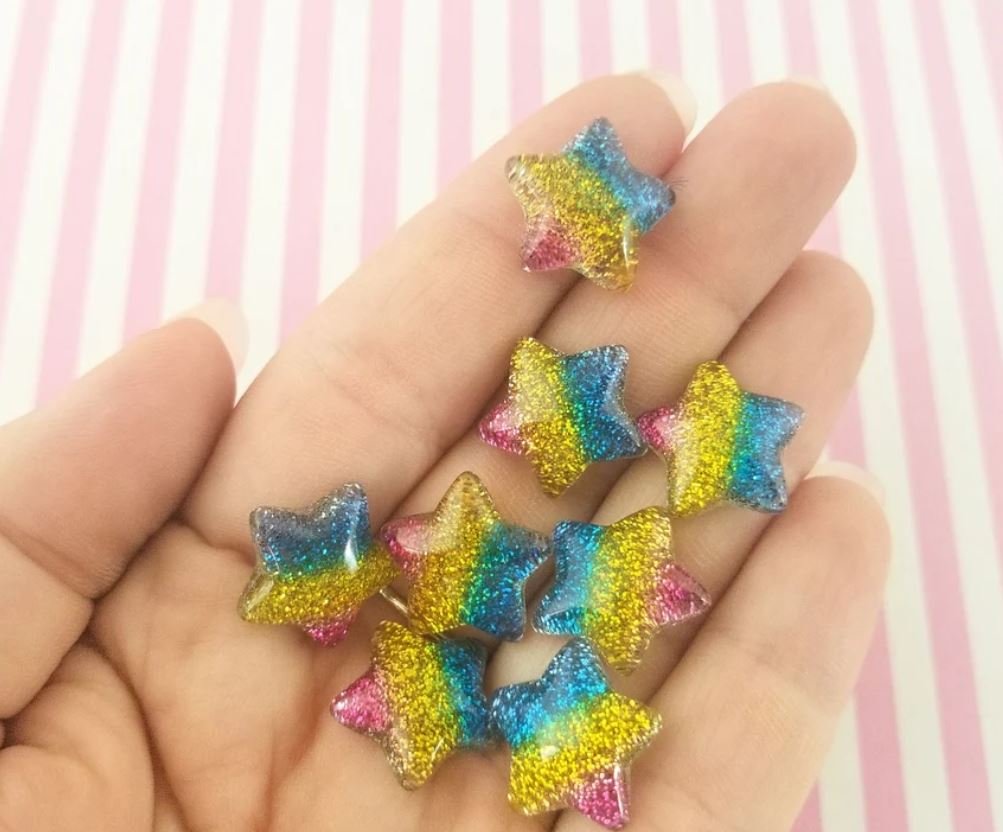 Rainbow Glitter Resin Star Cabochons, Rain bow Star Cabochons, Cute Bling Cabs jocad (8  Pieces)