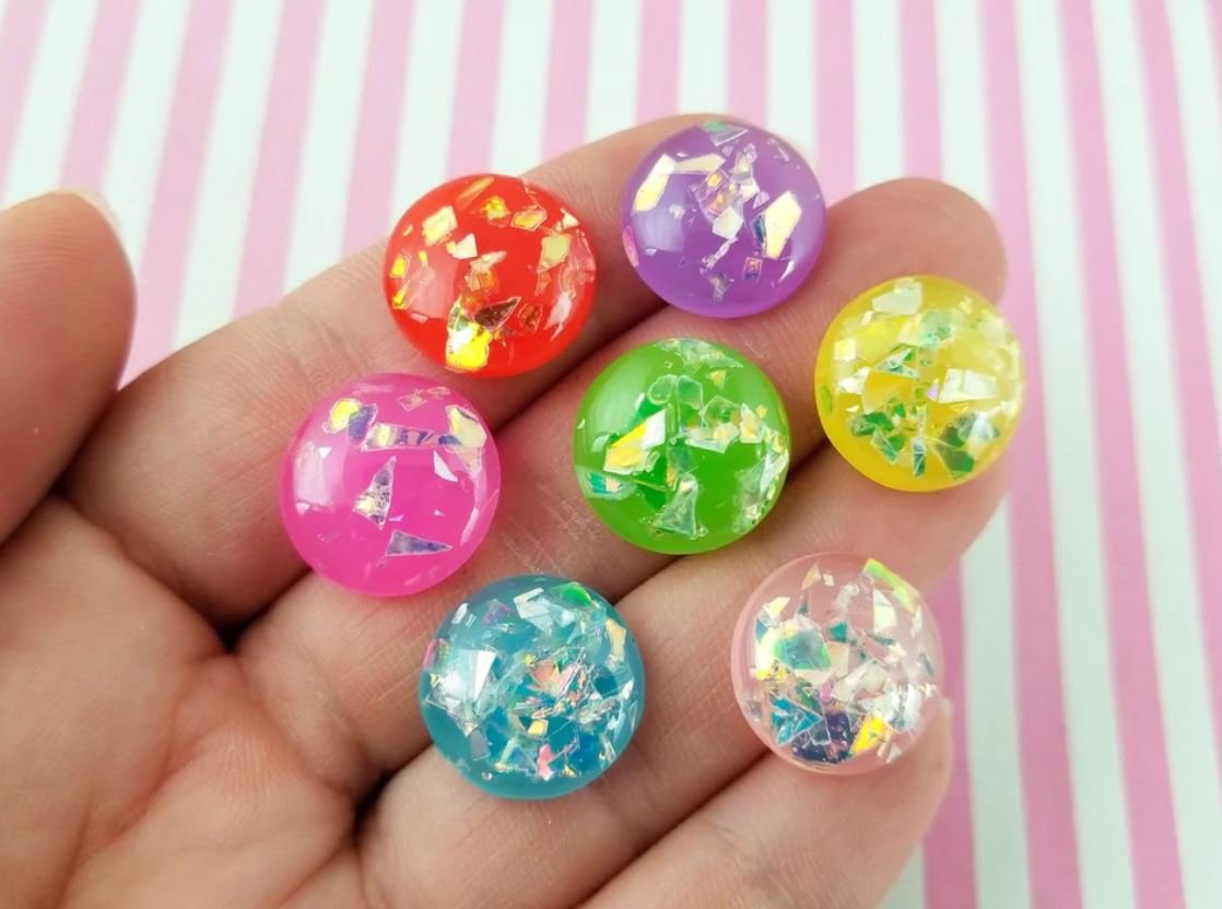 Assorted Color Iridescent Foil Resin Round Cabochons, Druzy Cabs, Cute Bling Cabs jocad (8 Pieces)