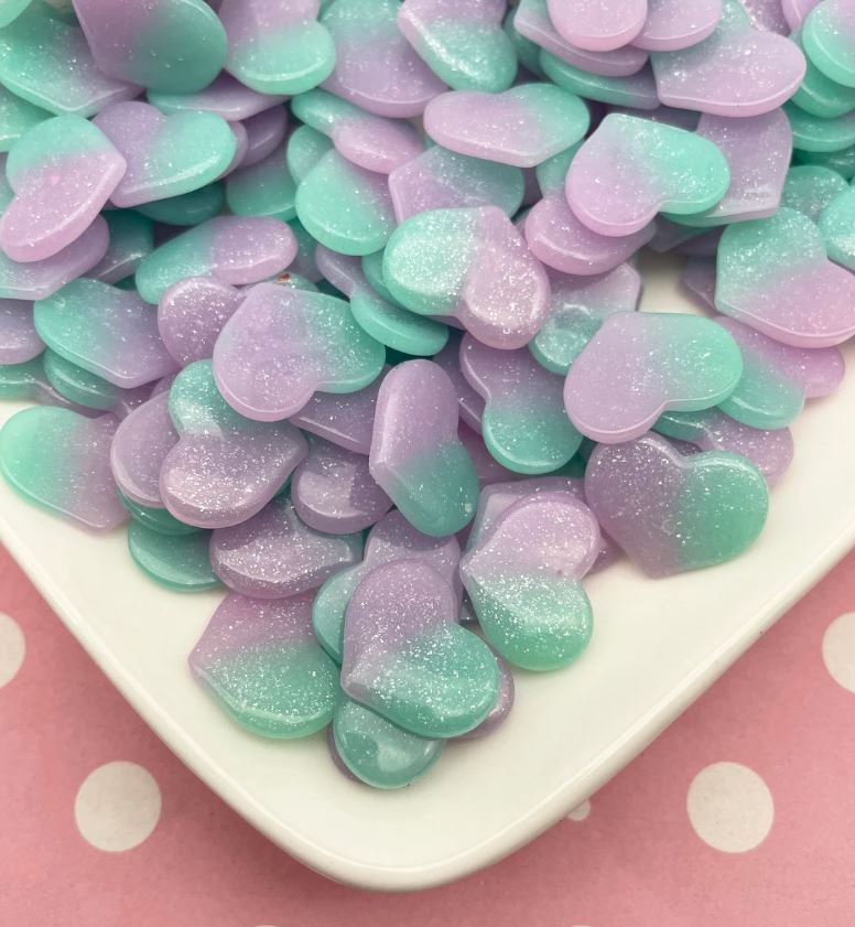 Aqua and Purple Pastel Gradient Glitter Heart Resin Cabochons, Cute Bling Cabs jocad (8 Pieces)