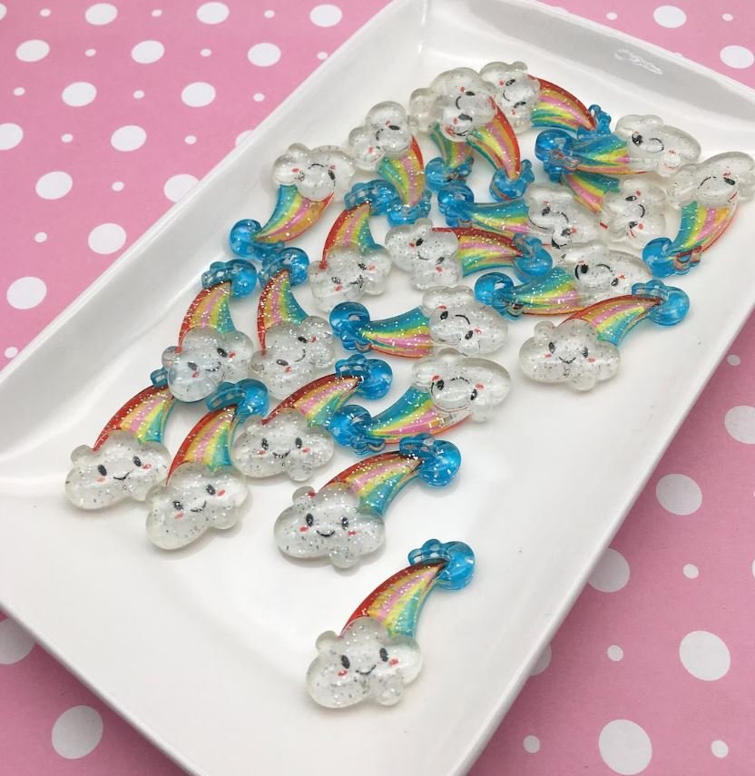 Glittery Rainbow Cloud Resin Cabochons, Rainbow Cabs, Flat-backed Sweet Kawaii Cabs jocad (4 Pieces)