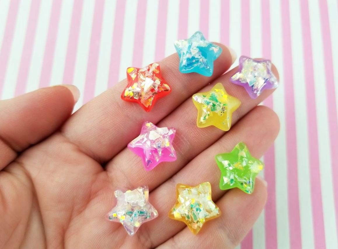 Assorted Color Iridescent Foil Resin Star Cabochons, Star Cabs, Cute Bling Cabs jocad (8 Pieces)