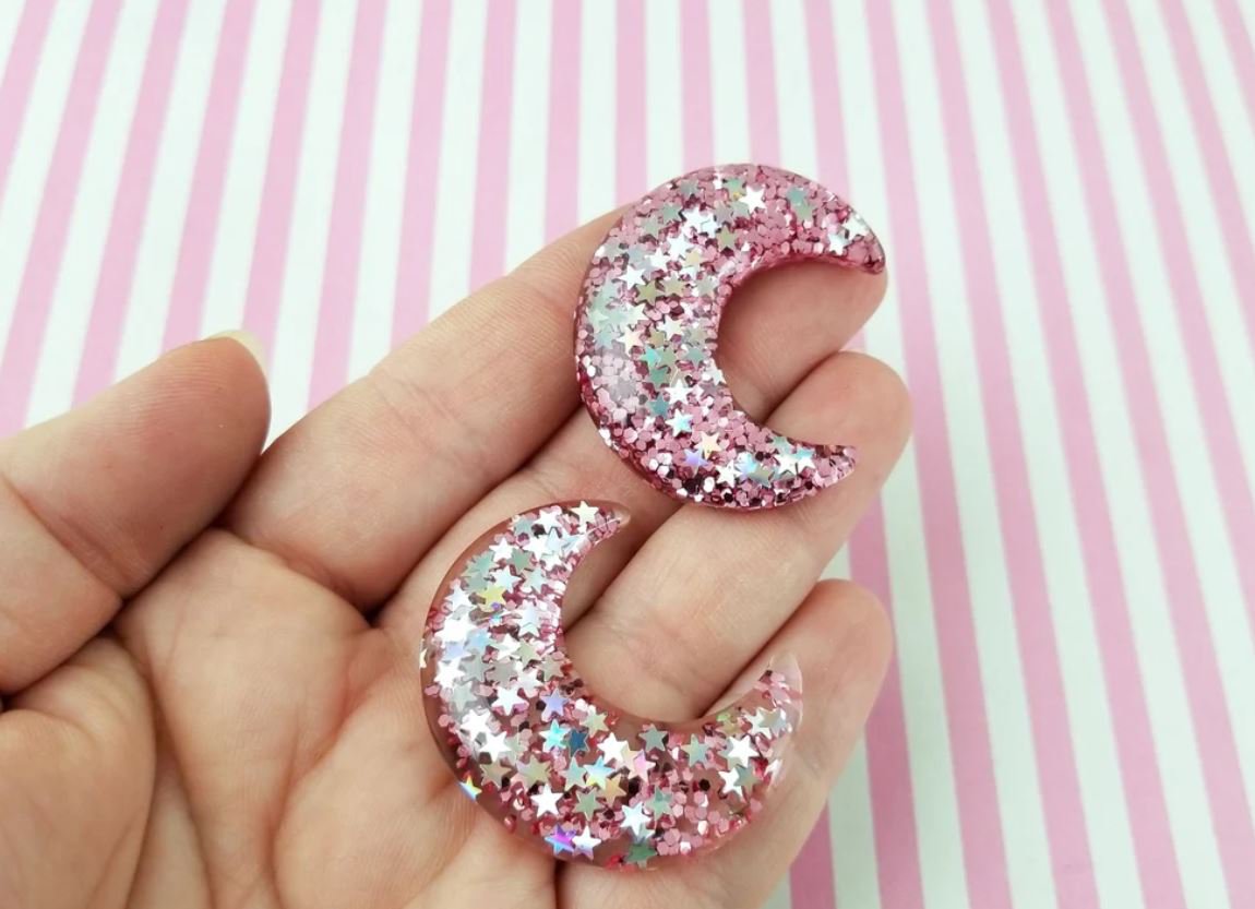 Magenta Pink Assorted Glitter Resin Moon Cabochons jocad (4 Pieces)