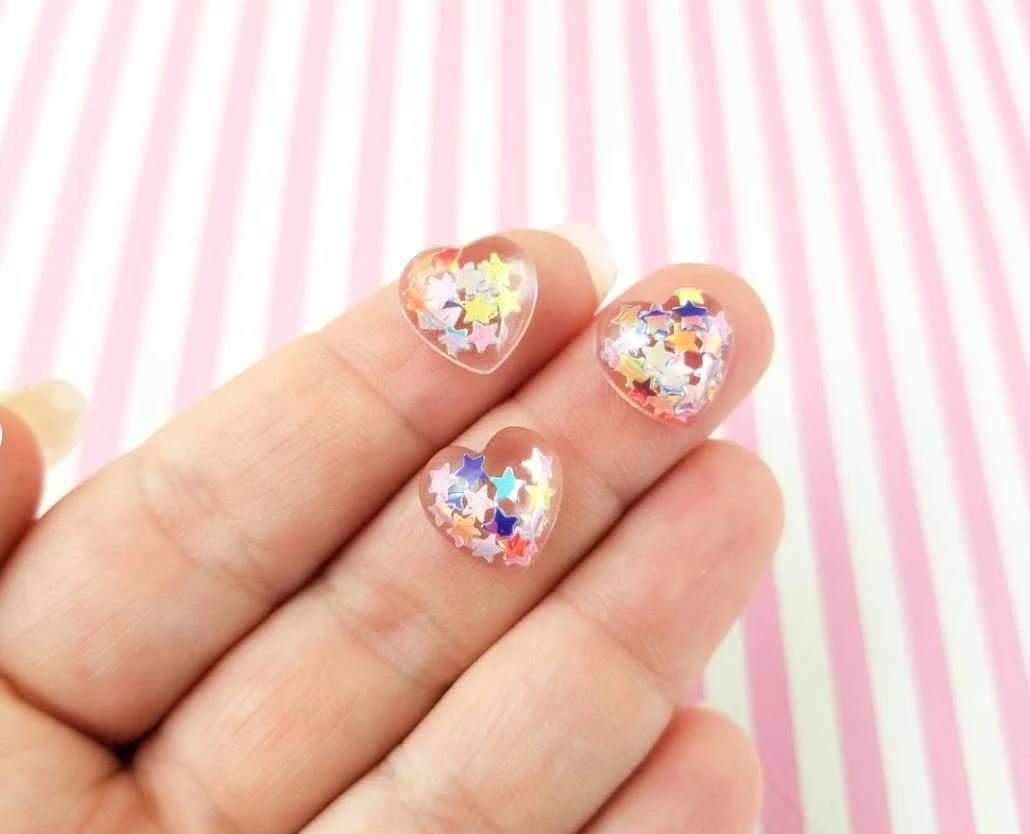 12mm Clear Heart Cabochons with Star Glitter, Valentines Day Resin Heart Cabochons jocad (10 Seeds)
