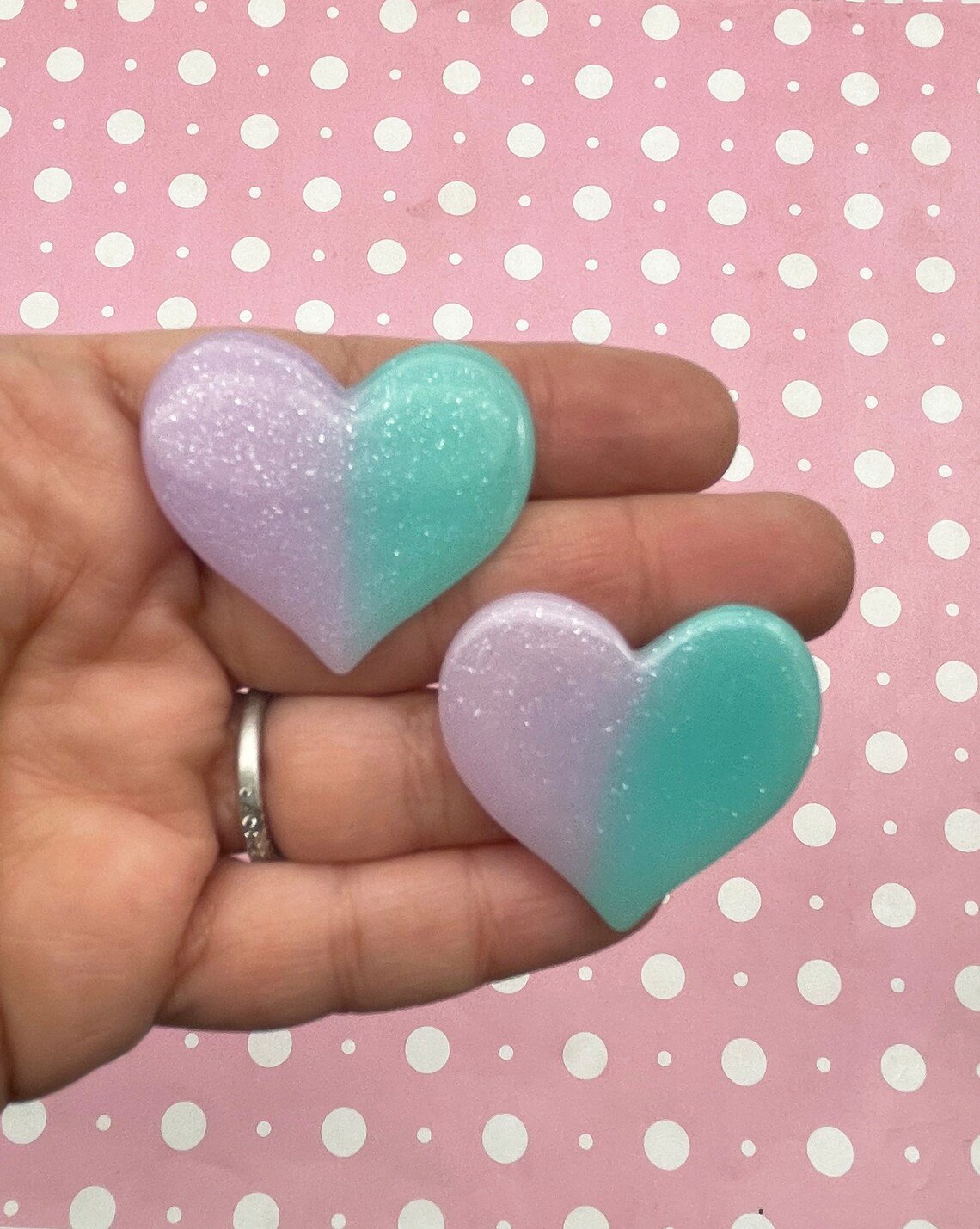 Big Aqua and Purple Pastel Gradient Glitter Heart Resin Cabochons, Cute Bling Cabs jocad (6 Pieces)