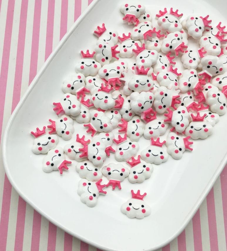 White Cloud Cabochons with Crowns, With Sweet Kawaii Faces, Princess jocad (10 Pieces)