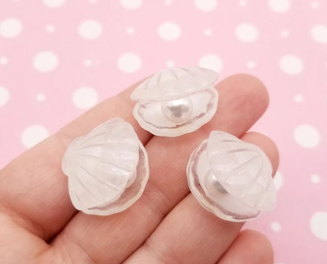 White Seashell Cabochons with Pearls Inside, Open Glittery Sea Shells Cabs jocad (3 Pieces)