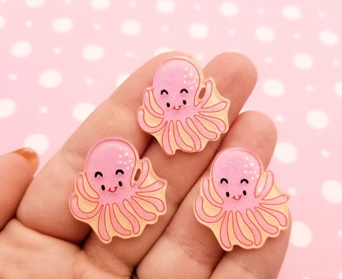 Pastel Pink Glitter Pastel Octopus Cabochons, Nautical cabochons, Octopi Cabs jocad (6 Pieces)