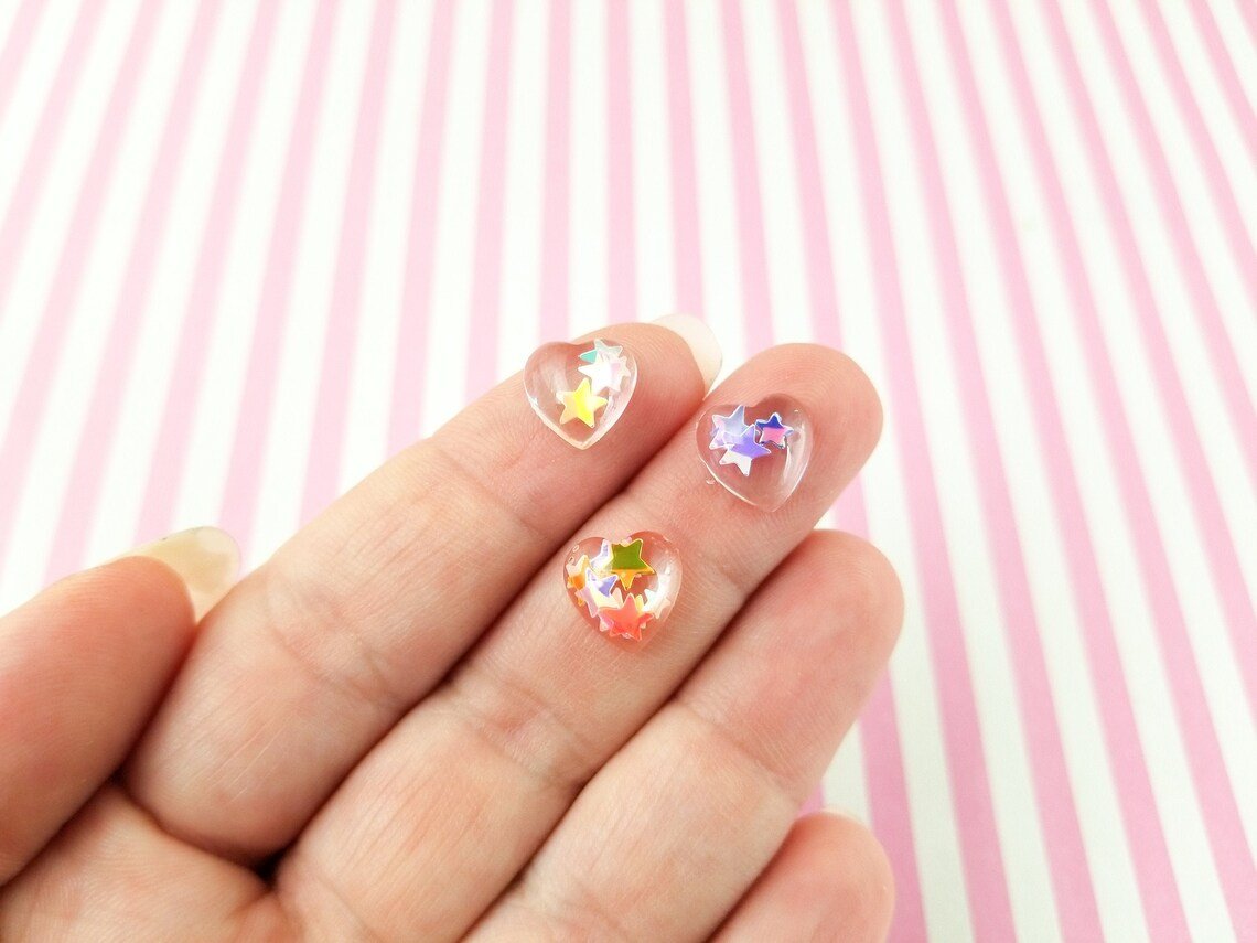 10mm Clear Heart Cabochons with Star Glitter, Valentines Day Resin jocad (15 Pieces)