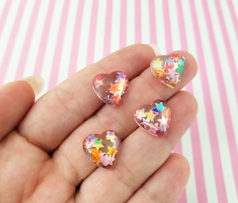 14mm Clear Heart Cabochons with Star Glitter, Valentines Day Resin Heart Cabs jocad (10 Pieces)