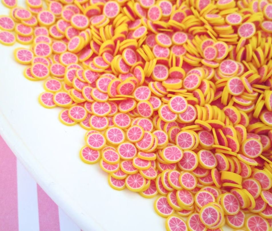 Polymer Clay Pink Grapefruit Fruit Slices, Nail Art Slices, Faux Fruit, Miniature (Bag: 15 Grams)