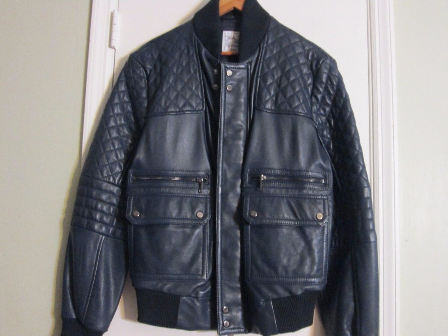 Saks Fifth Avenue Men's M Genuine Leather Bomber Jacket Deep Navy NEW