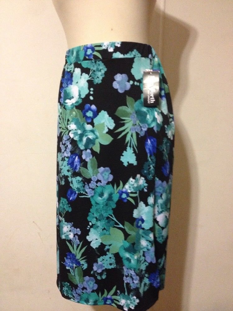 NWT BONWORTH Skirt Black Blue Green Turquoise Floral Print USA Elastic ...