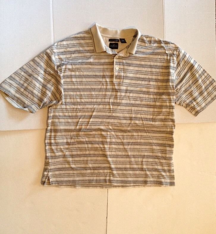 DOCKERS GOLF Men's Polo Shirt Beige Blue Stripe 3 Button Sz XL 100% Cotton