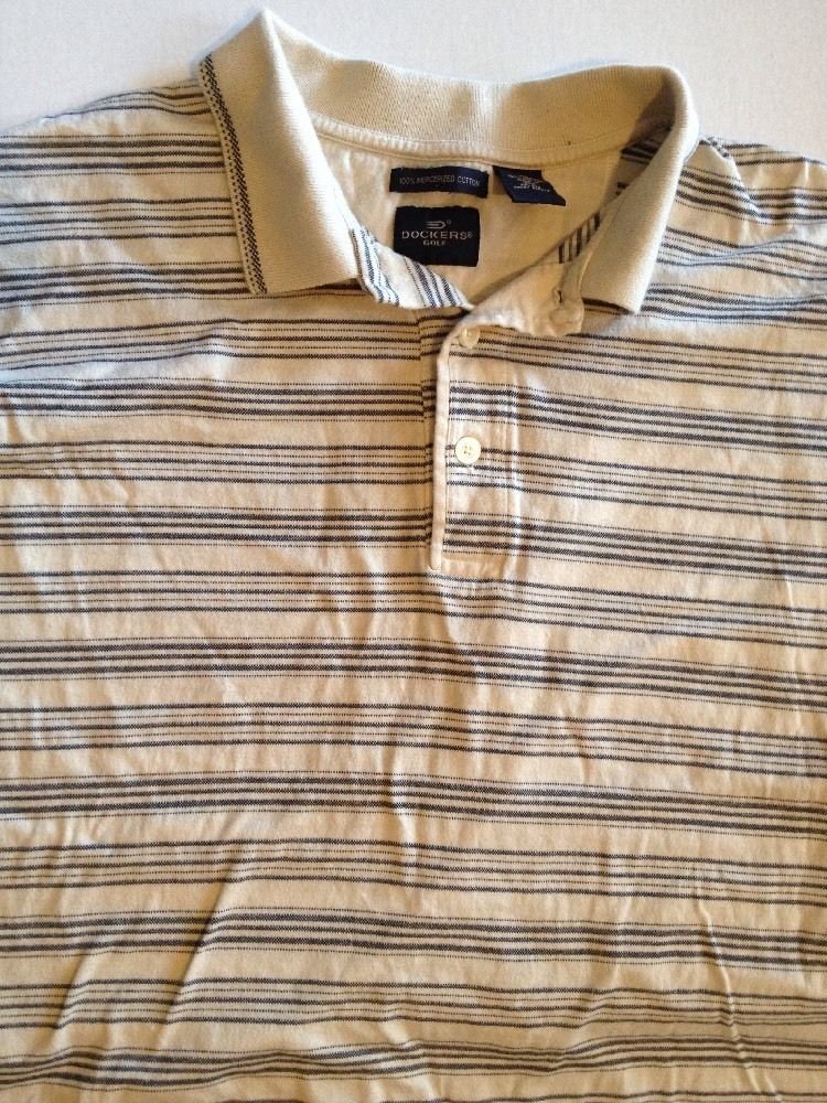 DOCKERS GOLF Men's Polo Shirt Beige Blue Stripe 3 Button Sz XL 100% Cotton