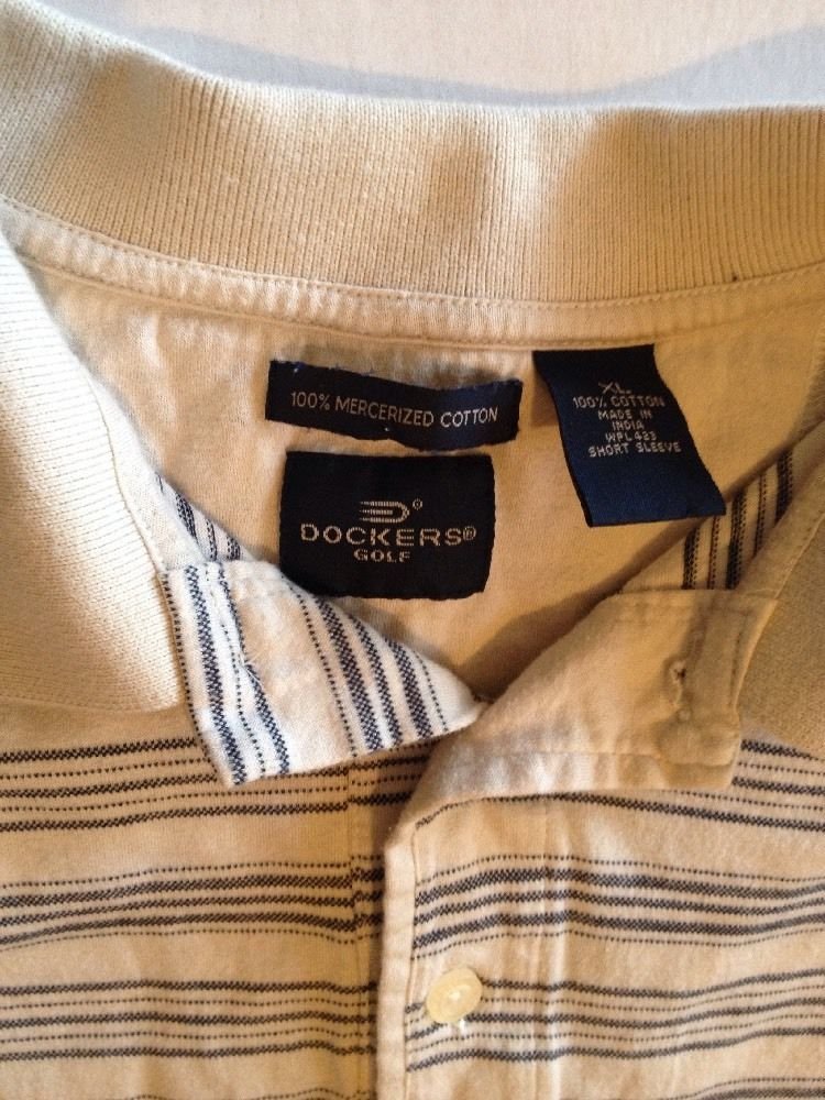 DOCKERS GOLF Men's Polo Shirt Beige Blue Stripe 3 Button Sz XL 100% Cotton
