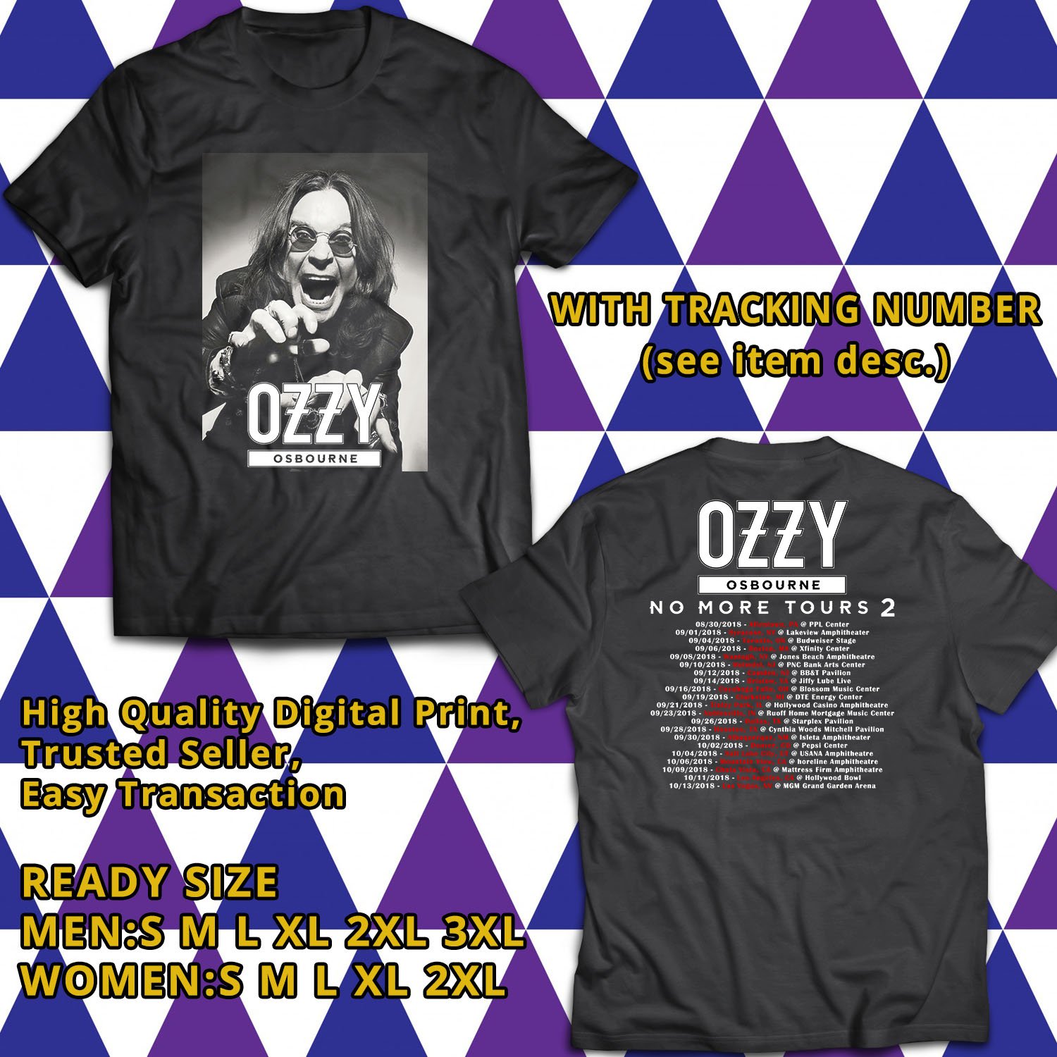 POPULAR TOUR 2018 OZZY OSBOURNE NO MORE TOURS 2 2SIDE BLACK TEE TIWI99 2