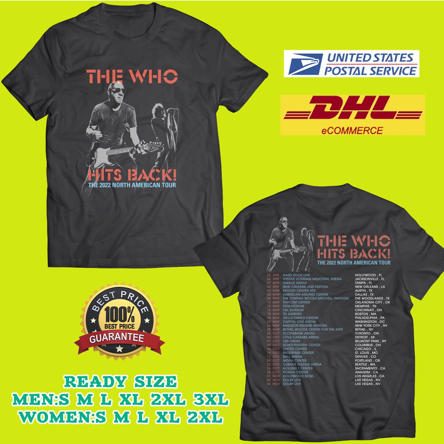 2022 GRAB THE WHO HITS BACK NORTH AMERICAN TOUR BLACK TEE SHIRT W DATES