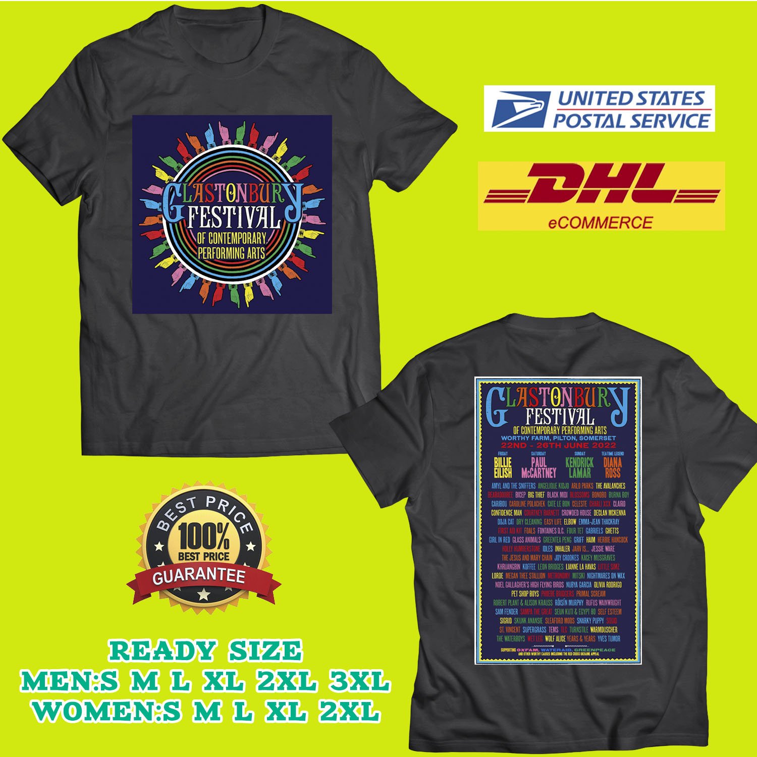 2022 GRAB GLASTONBURY MUSIC FESTIVAL BLACK TEE SHIRT W LINEUP TIWI99 01