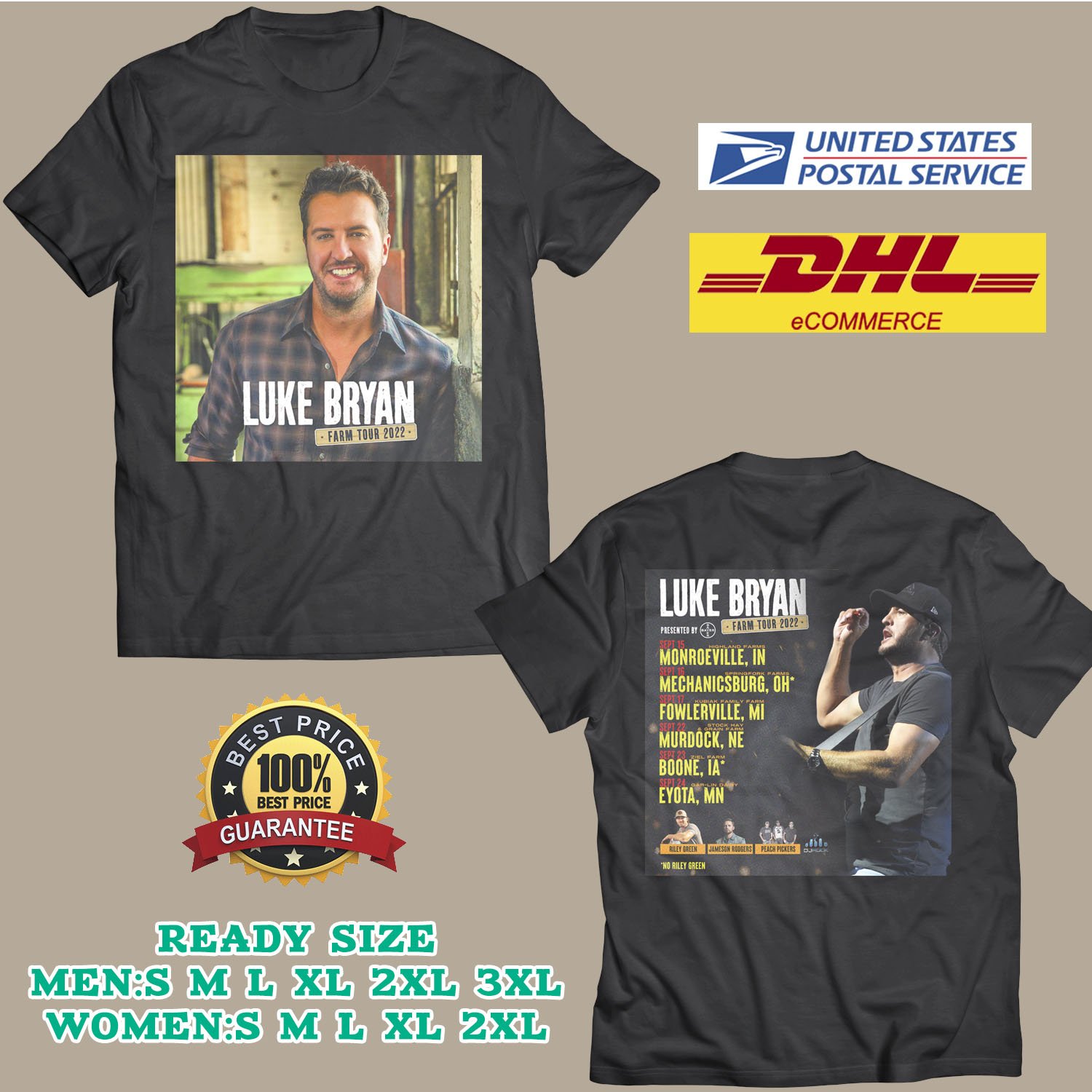 2022 GRAB LUKE BRYAN FARM TOUR BLACK TEE SHIRT W DATES TIWI99 02