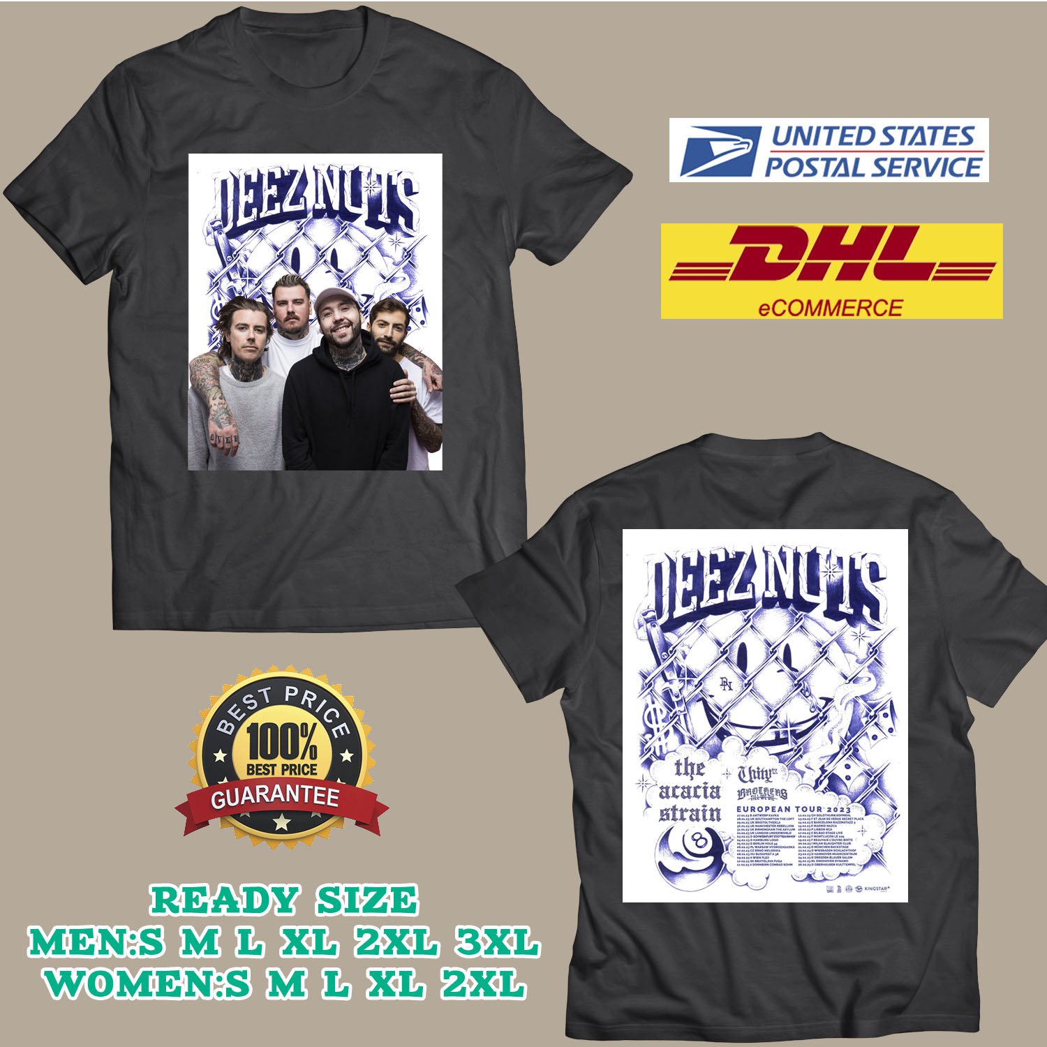 2023 GRAB DEEZ NUTS W THE ACACIA STRAIN EUROPE TOUR BLACK TEE SHIRT W ...