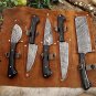 5 piece Kitchen knife set, full tang hand forged Damascus steel, Leather sheath