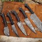 5 piece Kitchen knife set, full tang hand forged Damascus steel, Leather sheath