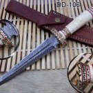 12.5" Dagger hand forged Damascus Knife 6.2" dual edge blade camel bone & brass