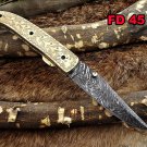 Hand engraved brass scale Damascus steel Folding Knife W/liner lock, thumb knob