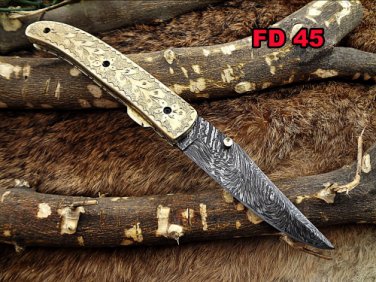 Hand engraved brass scale Damascus steel Folding Knife W/liner lock, thumb knob