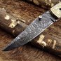 Hand engraved brass scale Damascus steel Folding Knife W/liner lock, thumb knob