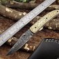 Hand engraved brass scale Damascus steel Folding Knife W/liner lock, thumb knob