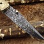 Hand engraved brass scale Damascus steel Folding Knife W/liner lock, thumb knob