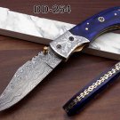 Blue Bone Damascus Folding Knife, Thumb knob, Leather sheath, Engraved Bolster