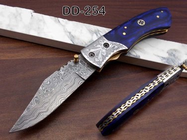 Blue Bone Damascus Folding Knife, Thumb knob, Leather sheath, Engraved Bolster