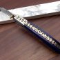 Blue Bone Damascus Folding Knife, Thumb knob, Leather sheath, Engraved Bolster