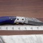 Blue Bone Damascus Folding Knife, Thumb knob, Leather sheath, Engraved Bolster