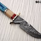 Damascus steel 11.5" Gut hook hunting Knife ,Colored camel bone, Leather Sheath