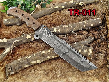 Tracker Knife 14" Full Tang Damascus Steel Tanto balde, Rose Wood, Cow sheath