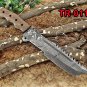 Tracker Knife 14" Full Tang Damascus Steel Tanto balde, Rose Wood, Cow sheath