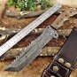 Tracker Knife 14" Full Tang Damascus Steel Tanto balde, Rose Wood, Cow sheath